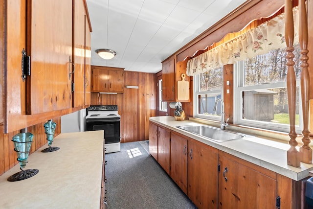 kitchen featuring a sink, light countertops, plenty of natural light, and range with electric stovetop