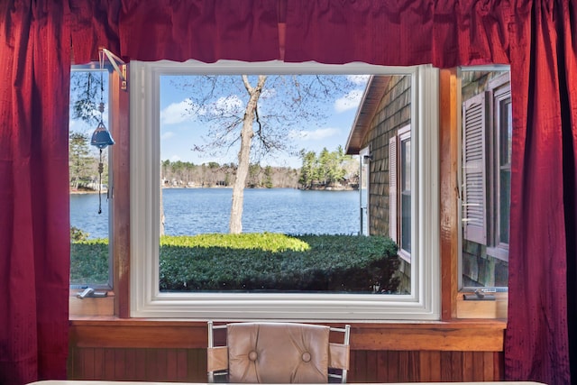 interior details with a water view