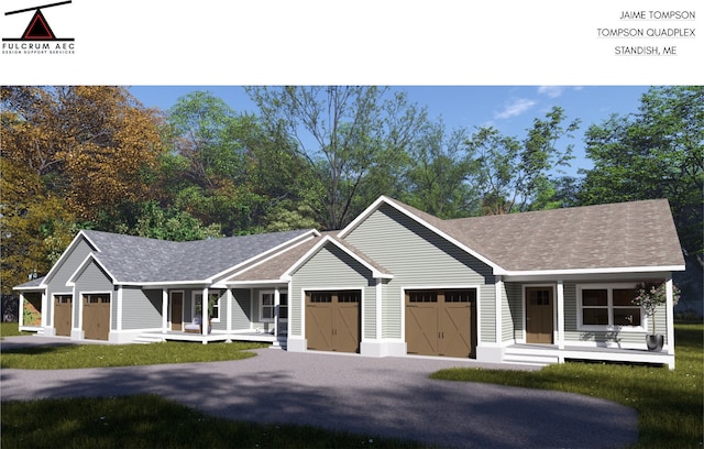view of front of home featuring a porch, a front yard, a shingled roof, aphalt driveway, and an attached garage