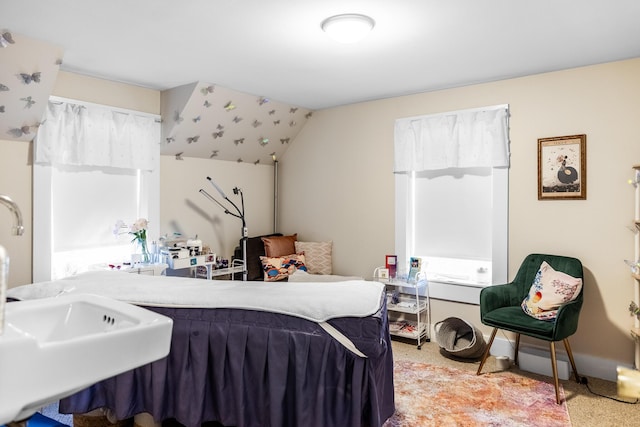 bedroom with light colored carpet