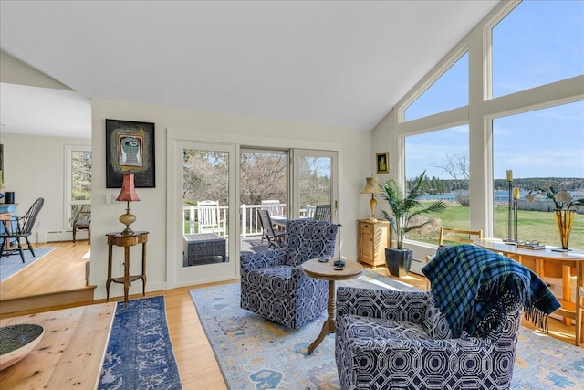 living room featuring a baseboard heating unit, vaulted ceiling, a healthy amount of sunlight, and wood finished floors