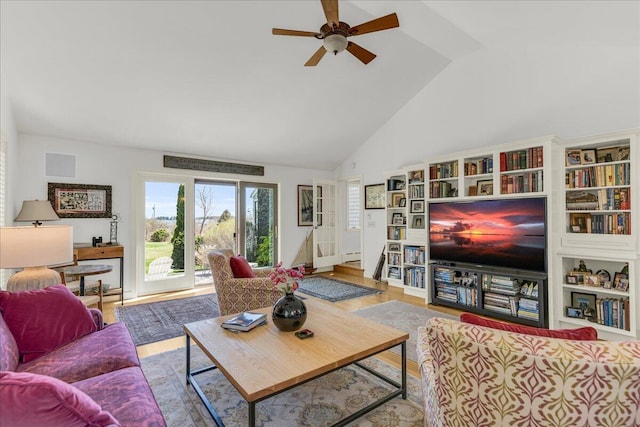 living room with high vaulted ceiling, ceiling fan, baseboard heating, and wood finished floors