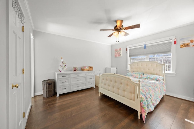 bedroom with a ceiling fan, baseboards, crown molding, and dark wood-style floors