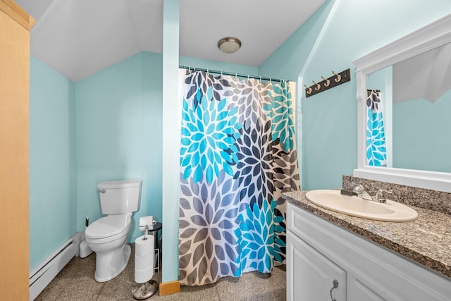 full bathroom featuring a baseboard heating unit, baseboards, toilet, curtained shower, and vanity