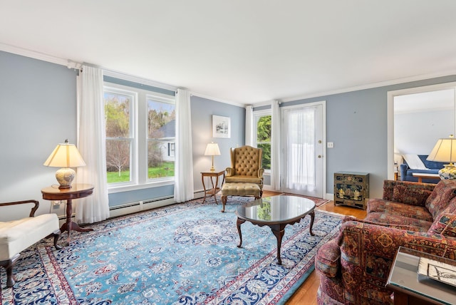 10 Ephraim Tyler Way Unit 10, Kennebunk, ME 04043 - living room with ornamental molding, wood finished floors, plenty of natural light, and a baseboard heating unit