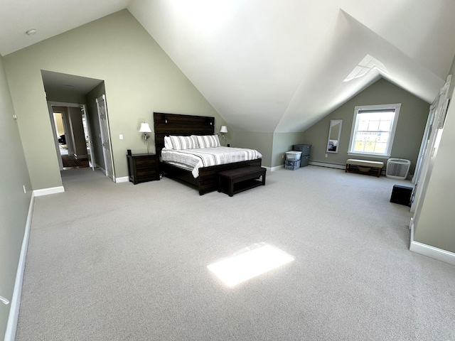 bedroom featuring baseboards, carpet, a baseboard heating unit, and lofted ceiling