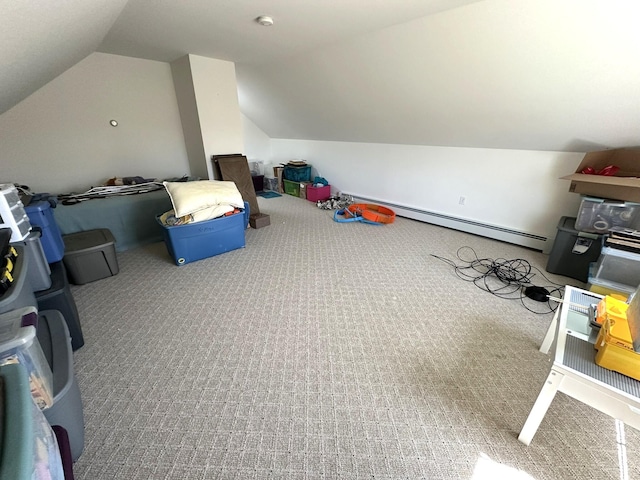 recreation room with carpet flooring and lofted ceiling
