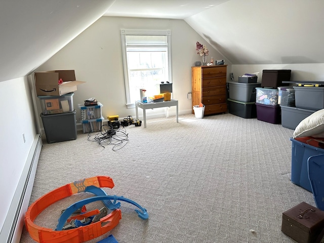 bonus room featuring carpet floors, lofted ceiling, and a baseboard heating unit