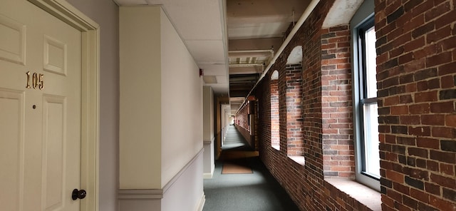 hallway featuring brick wall, a healthy amount of sunlight, and carpet