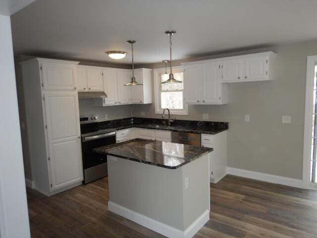 kitchen with white cabinetry, stainless steel appliances, dark wood-style floors, and a sink