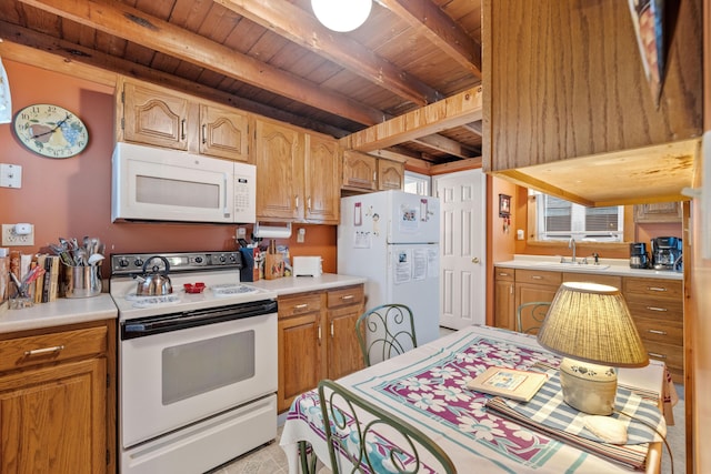kitchen with white appliances, wood ceiling, a sink, beam ceiling, and light countertops