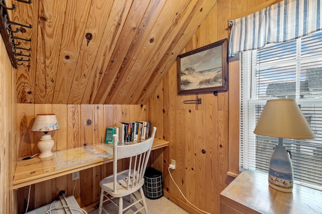 home office with vaulted ceiling, wood walls, and wood ceiling