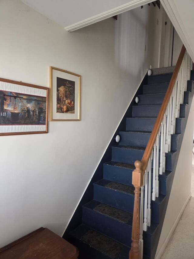 staircase with carpet and baseboards