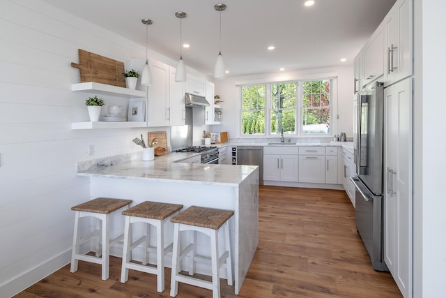 kitchen with high end appliances, open shelves, under cabinet range hood, a sink, and a peninsula