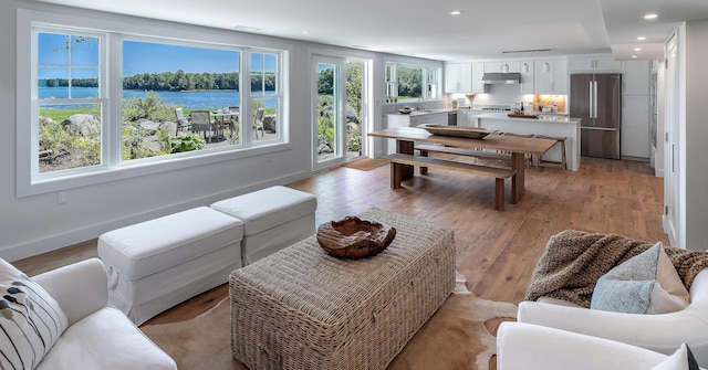 living room featuring baseboards, light wood-type flooring, and recessed lighting