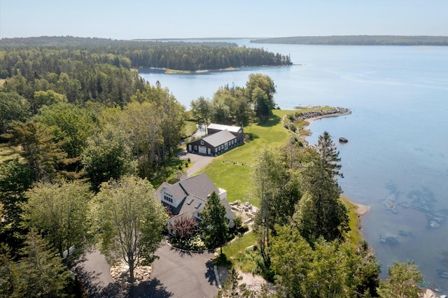 drone / aerial view featuring a forest view and a water view