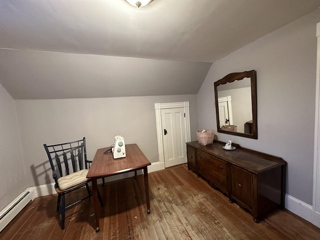 14 Elm St, Houlton, ME 04730 - dining room featuring hardwood / wood-style floors, baseboards, vaulted ceiling, and a baseboard radiator