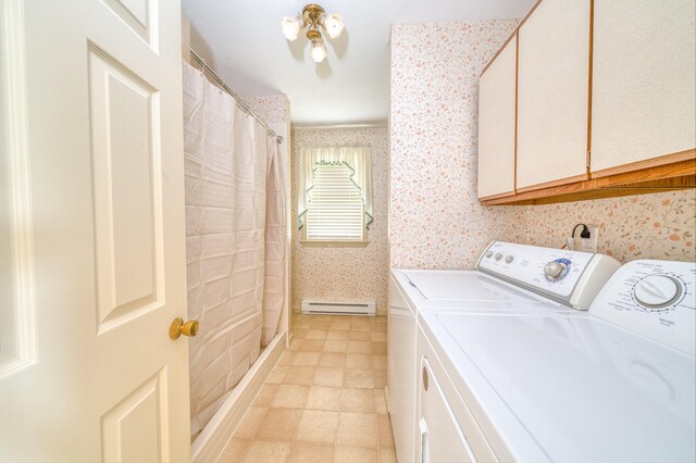 6 Seaside Dr, Belfast, ME 04915 - washroom featuring a baseboard radiator, wallpapered walls, and washing machine and dryer