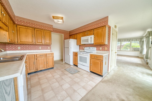6 Seaside Dr, Belfast, ME 04915 - kitchen featuring white appliances, wallpapered walls, light countertops, brown cabinets, and light flooring