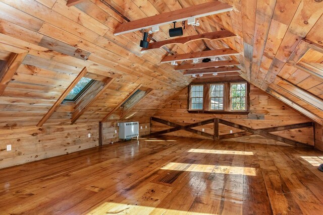 258 River Rd, Eliot, ME 03903 - additional living space featuring wood-type flooring, wood ceiling, and lofted ceiling with skylight