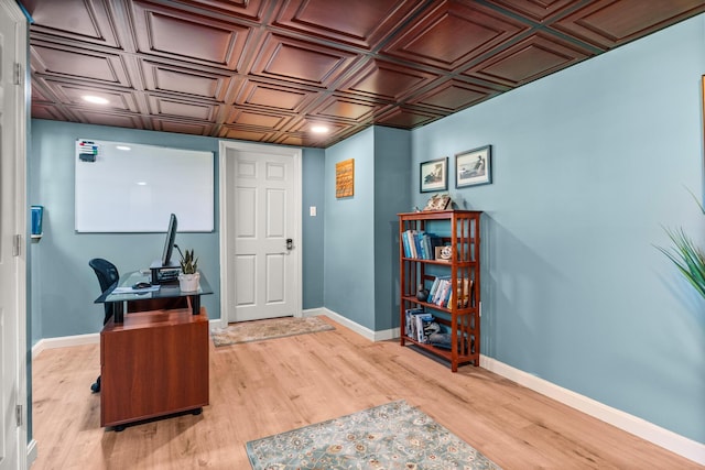 31 Saltwater Dr, York, ME 03909 - office area with an ornate ceiling, baseboards, light wood-type flooring, and recessed lighting
