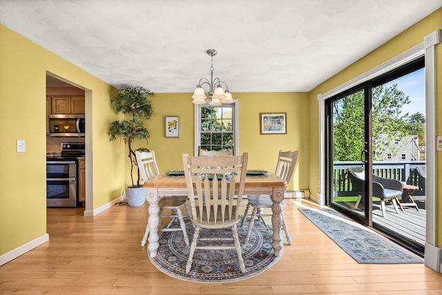 31 Saltwater Dr, York, ME 03909 - dining room featuring light wood-style floors, a chandelier, baseboards, and baseboard heating