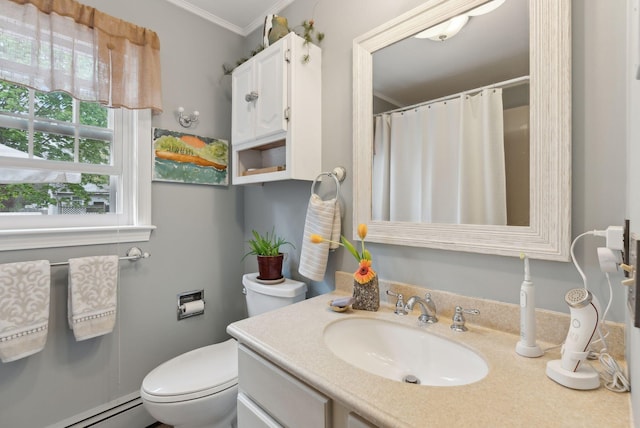 171 Regan Ln, Portland, ME 04103 - bathroom featuring a baseboard radiator, crown molding, toilet, vanity, and a shower with curtain