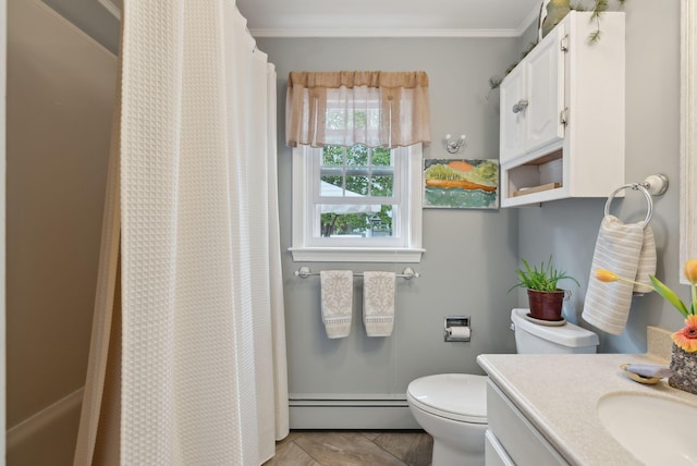 171 Regan Ln, Portland, ME 04103 - full bathroom with a baseboard radiator, toilet, ornamental molding, vanity, and a shower with curtain