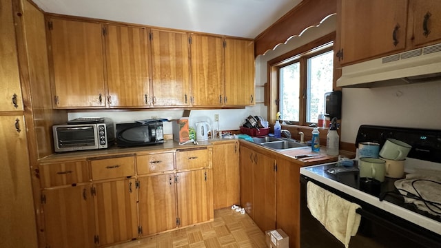 1057 Back Brooks Rd, Monroe, ME 04951 - kitchen featuring a sink, range with electric stovetop, a toaster, under cabinet range hood, and black microwave
