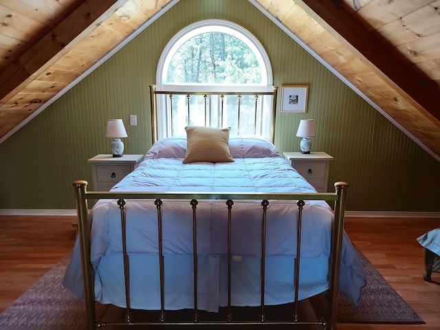 372 Pine Springs Rd, Shapleigh, ME 04076 - bedroom with wood finished floors, lofted ceiling, and wood ceiling