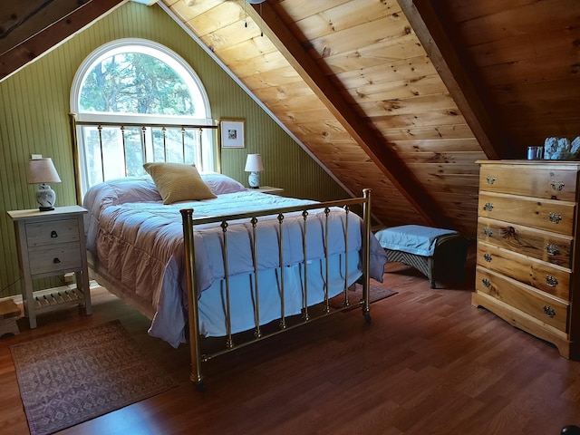 372 Pine Springs Rd, Shapleigh, ME 04076 - bedroom featuring wood finished floors, lofted ceiling, wood ceiling, and wooden walls