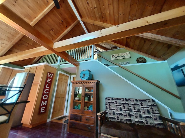 372 Pine Springs Rd, Shapleigh, ME 04076 - living area featuring wood ceiling and stairway