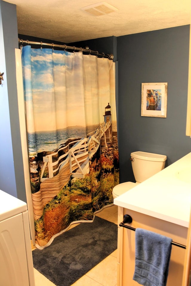 372 Pine Springs Rd, Shapleigh, ME 04076 - bathroom with vanity, tile patterned floors, a textured ceiling, and curtained shower