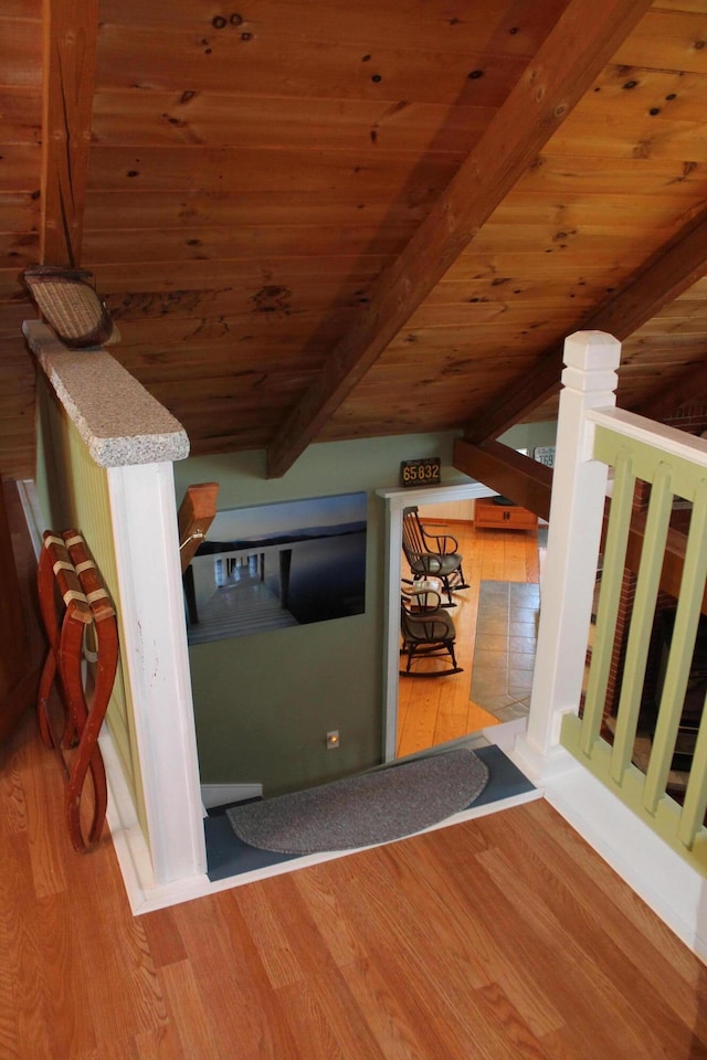 372 Pine Springs Rd, Shapleigh, ME 04076 - hallway featuring wood finished floors and a wood ceiling with exposed beams