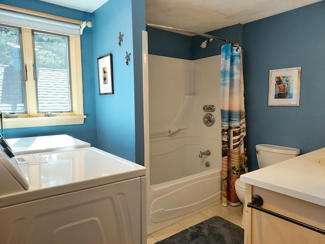 372 Pine Springs Rd, Shapleigh, ME 04076 - full bathroom featuring independent washer and dryer, vanity, tile patterned flooring, and shower / tub combo with curtain