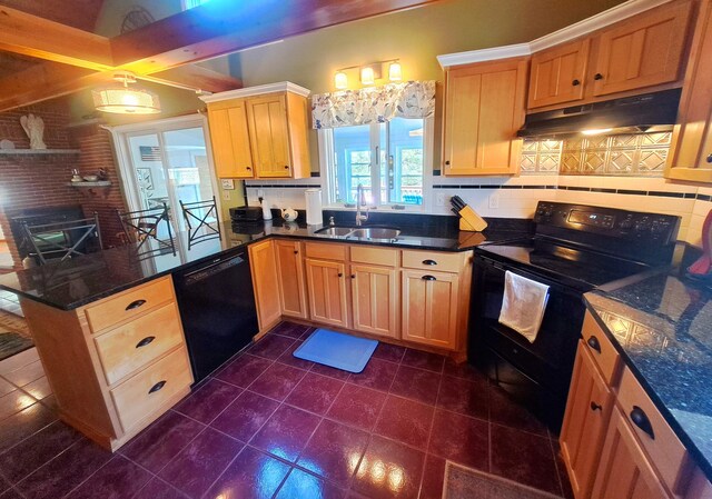 372 Pine Springs Rd, Shapleigh, ME 04076 - kitchen with black appliances, under cabinet range hood, a peninsula, tasteful backsplash, and light brown cabinets