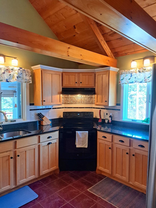 372 Pine Springs Rd, Shapleigh, ME 04076 - kitchen with black electric range, wood ceiling, under cabinet range hood, dark tile patterned flooring, and tasteful backsplash
