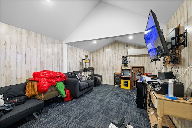 1654 Carl Broggi Hwy, Lebanon, ME 04027 - recreation room with wooden walls, carpet flooring, and vaulted ceiling
