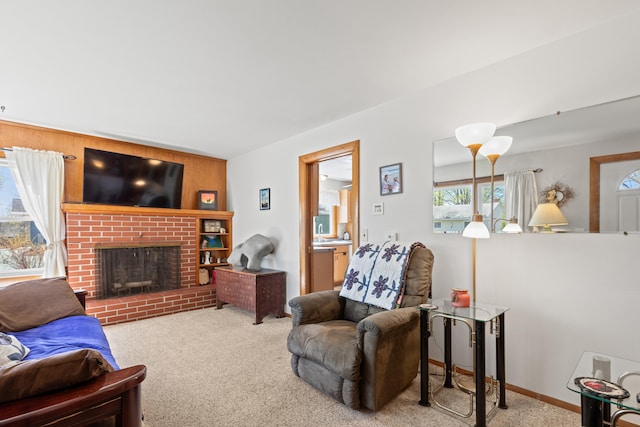 18 Grant St, Sanford, ME 04083 - carpeted living area featuring a fireplace