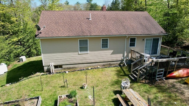 47 Taylor Ln, Naples, ME 04055 - back of house featuring a shingled roof, a lawn, a deck, and stairs