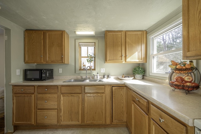 kitchen with a sink, black microwave, a wealth of natural light, and light countertops