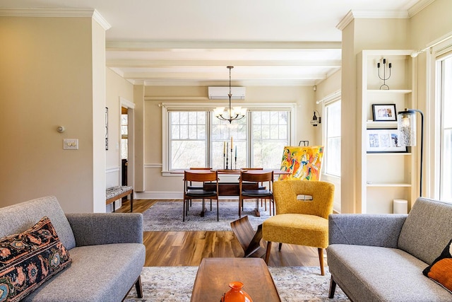 interior space with ornamental molding, dark wood-style floors, beam ceiling, and a notable chandelier