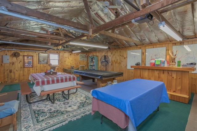 playroom featuring pool table and wooden walls