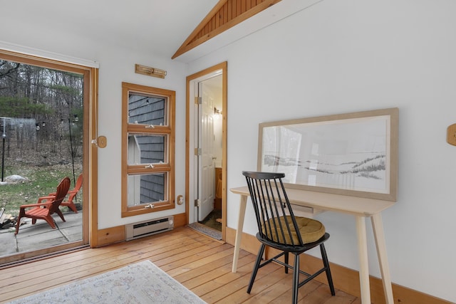 42 Ledge Hill Rd, Raymond, ME 04071 - entryway featuring vaulted ceiling, baseboard heating, and hardwood / wood-style flooring