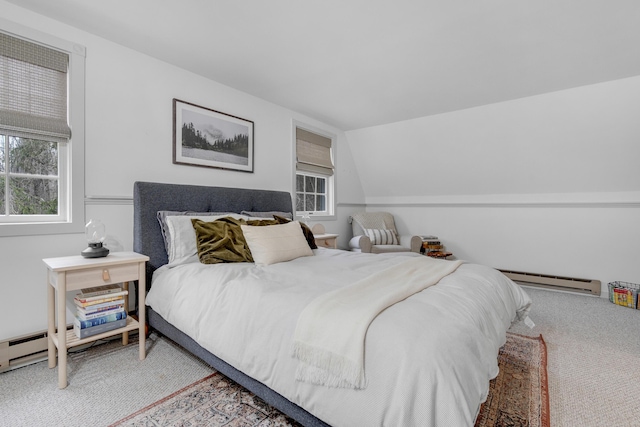 42 Ledge Hill Rd, Raymond, ME 04071 - carpeted bedroom featuring lofted ceiling, baseboard heating, and multiple windows