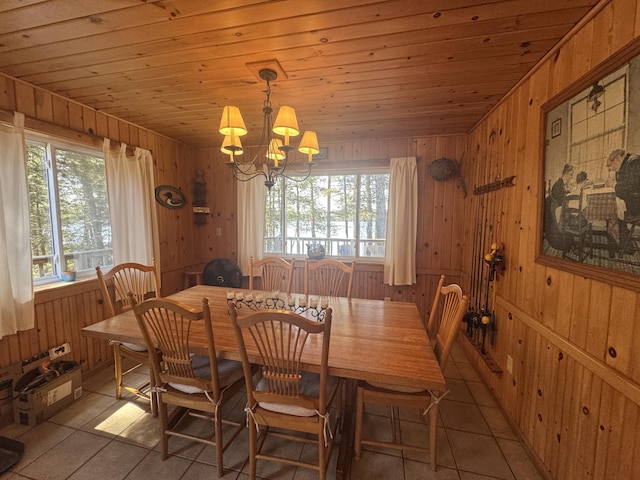172 Alder Brook Ln, Waltham, ME 04605 - dining area with light tile patterned floors, wooden walls, a chandelier, and wood ceiling