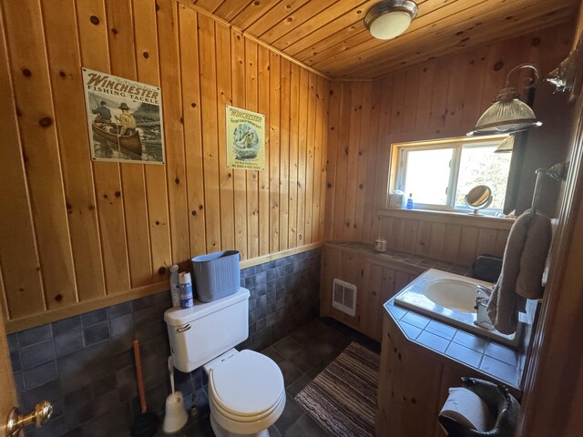 172 Alder Brook Ln, Waltham, ME 04605 - bathroom with wooden ceiling, toilet, vanity, and wooden walls
