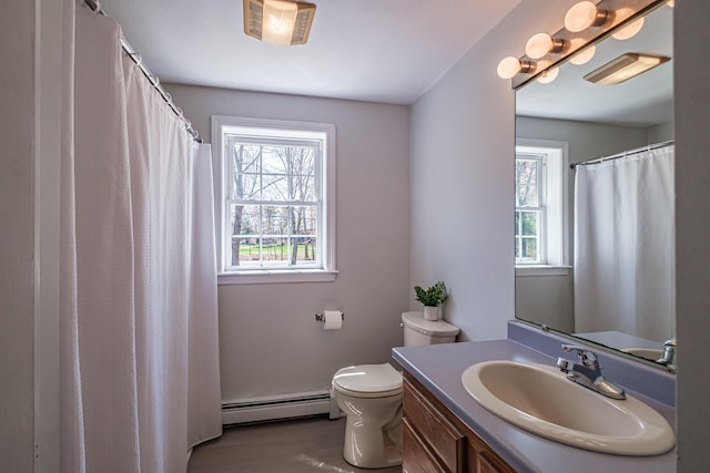 full bath with baseboard heating, wood finished floors, vanity, toilet, and a shower with shower curtain