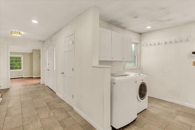 17 Fenton Way, Bangor, ME 04401 - laundry room featuring a baseboard radiator, independent washer and dryer, recessed lighting, cabinet space, and baseboards