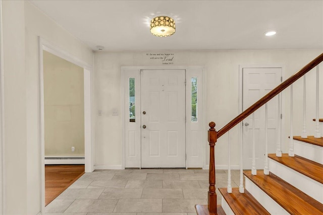 17 Fenton Way, Bangor, ME 04401 - entryway with a baseboard radiator, stairway, recessed lighting, and baseboards